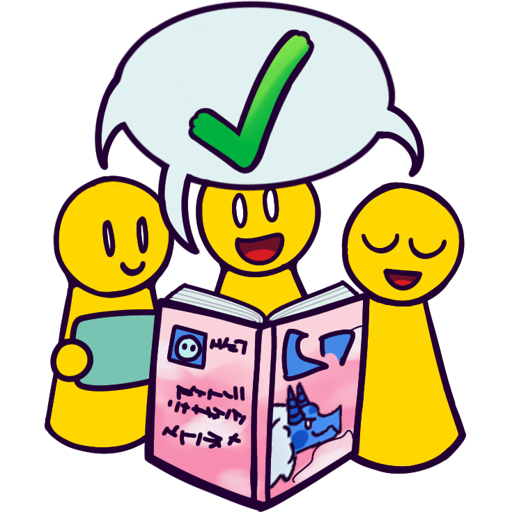 three emoji-yellow people gathered around an open pink book with a blue eastern dragon. one of them is holding a teal aac. a speech bubble with a check mark is coming from all three people